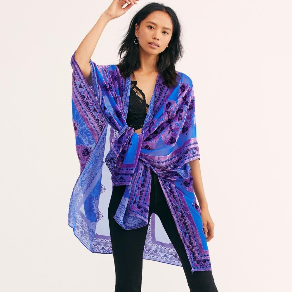 Free People Muse Velvet Burnout Kimono Blue Purple NWT